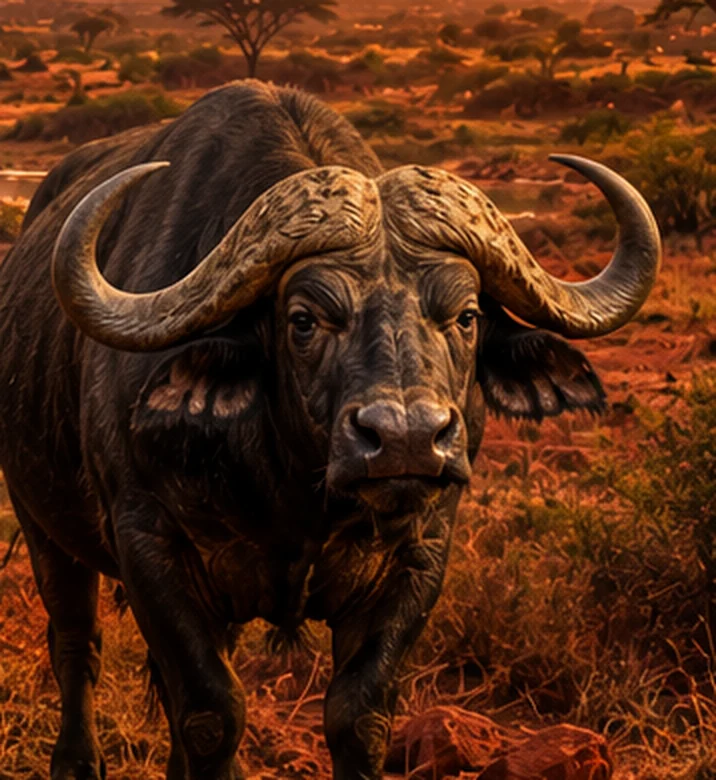 A Cape buffalo with broad curved horns